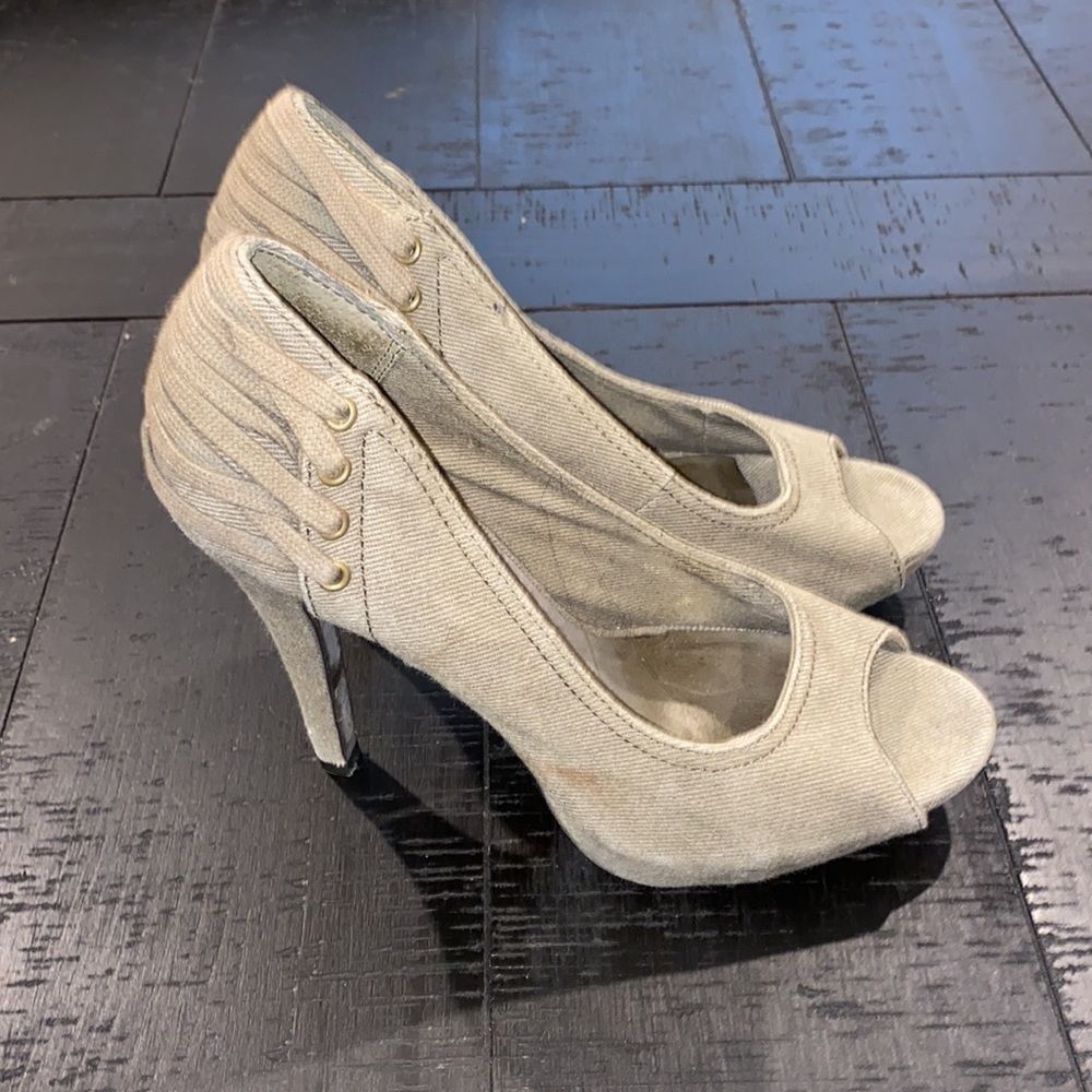 Ash Green Denim Peep Toe Heels​​​​​​​​​​​​​​​​​​​​